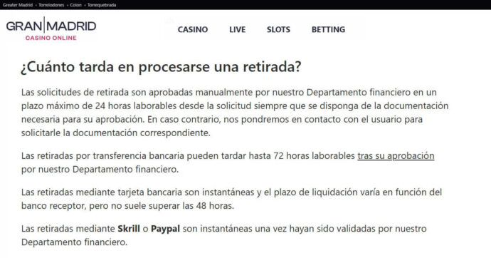 Retiro instantaneo - Casino Gran Madrid
